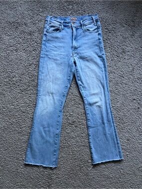 $268 mother blue denim the hustler ankle fray straight leg jeans size 26